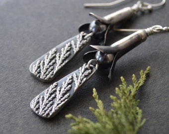 Silver Squash Blossom Earrings with Cedar Texture, Southwest Jewelry, Smudge Plant, Gift for Her