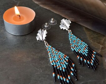 Beaded Fringe Stud Earring, Sage with Blue and Orange Beads, Southwest Jewelry, Gift for Cowgirl