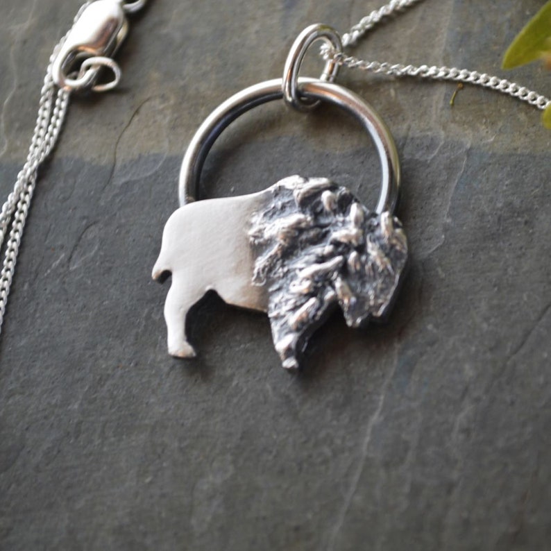 Bison Necklace with Goldenrod Texture in Silver, Buffalo Jewelry, Western Style Pendant, Gift for Her image 3