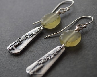 Botanical Earrings, Yellow Sweet Clover with Ancient Roman Glass, Prairie Jewelry, Long Taper Dangles with French Hooks