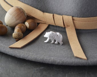 Bear Tie Tack, Lapel Pin, or Cowboy Hat Pin, Textured with Oak Leaf, Silver Jewelry, Gift for Forest Lovers