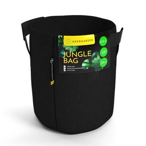Könnte beinhalten: Ein schwarzer HerbGarden Jungle Bag Pflanztopf mit Griffen. Die Tasche hat ein Etikett mit dem Text "Jungle Bag" und den Maßen 16 cm Durchmesser, 3,8 l Volumen und 20 cm Höhe. Die Tasche besteht aus weichem Material.