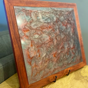 Epoxy Resin Wall Art – Abstract Red & Silver Design | Handmade Padauk Wood Frame | Unique Home Decor | Modern Resin Art Panel