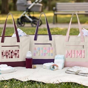 New Grandma Mimi Tote Bag - Custom Mimi Patchwork Quilt Style Canvas Zippered Carryall Gift,  Grandmother to Be Pregnancy Reveal Diaper Bag
