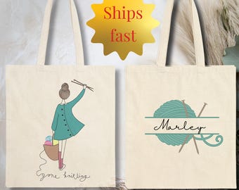 Personalized Knitting Tote Bag: Custom Cotton Canvas Yarn Bag