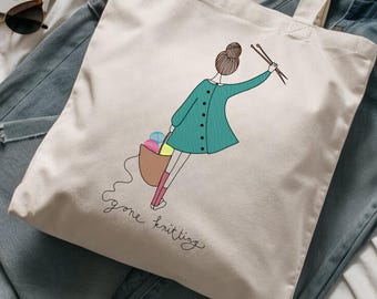 Gone Knitting Tote Bag: Cotton Canvas Craft Bag - Gift for Knitters