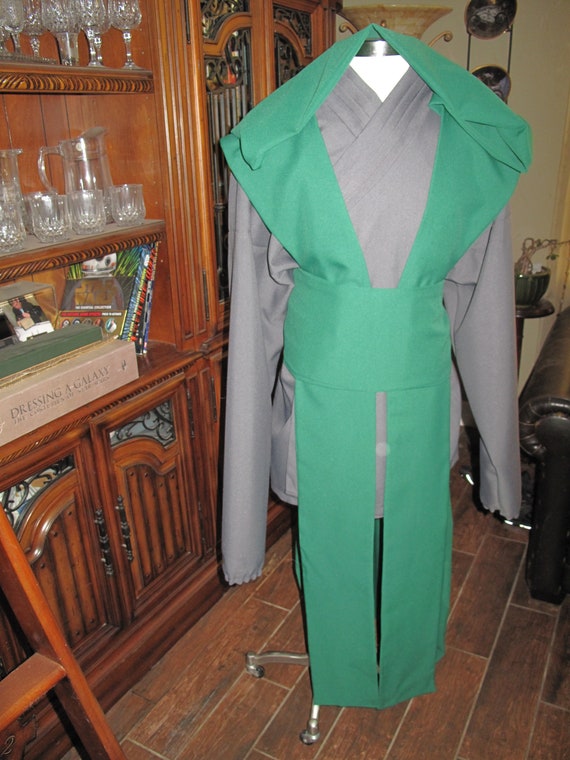 Green sleeveless Hooded floor length Tabard vest, Gray undershirt, sash in several sizes & colors