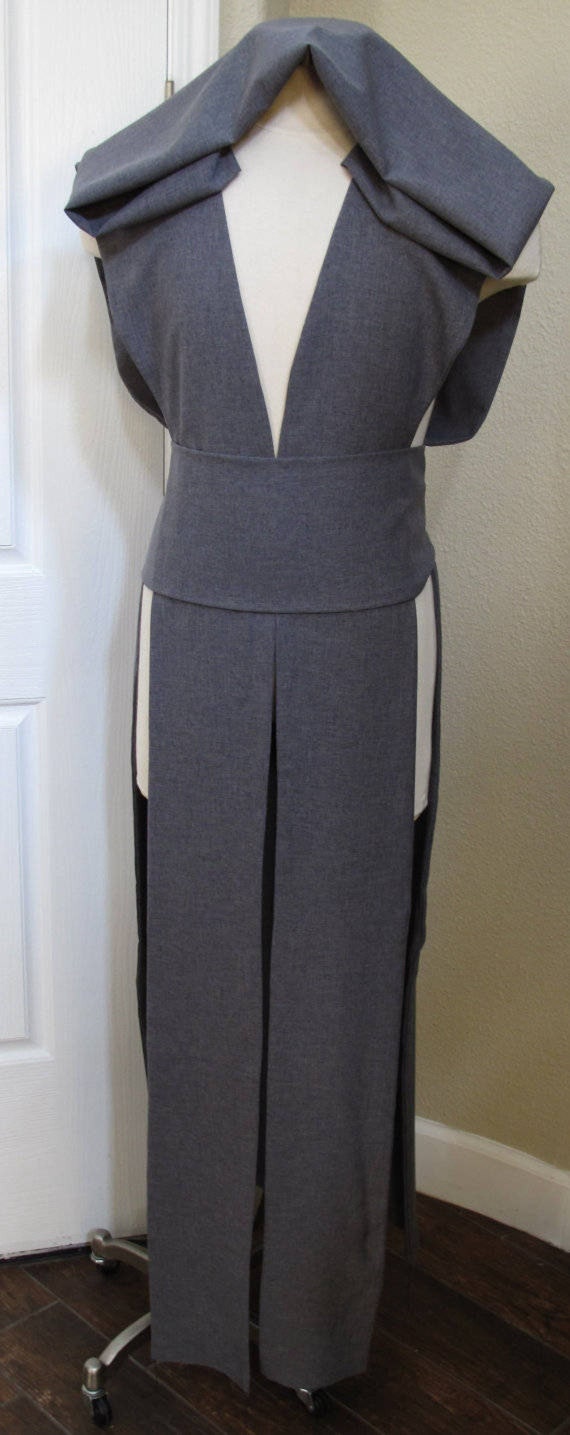 Gray Sleeveless Hooded Tabard Floor Length Warrior Costume Vest with sash in several sizes and colors