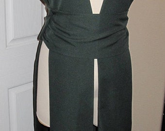 May include: A dark green hooded robe with a V-neck and a tie at the waist. The robe is on a white dress form.