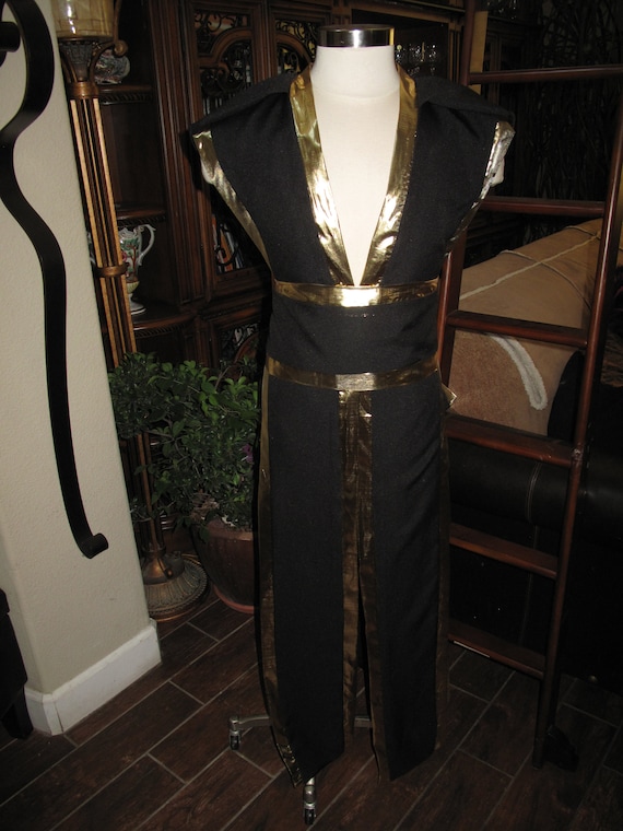 Warrior Black Sleeveless Hooded, Mandarin or no collar Floor Length Tabard Vest with gold or silver border and sash Costume in several sizes