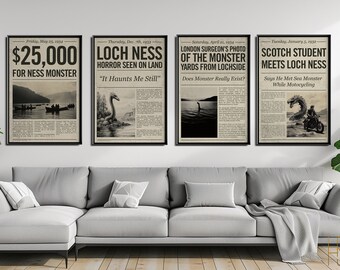 Monster van Loch Ness-krantkunstprints: vintage krantenkop Cryptid-posters lichte achtergrond (digitale download)