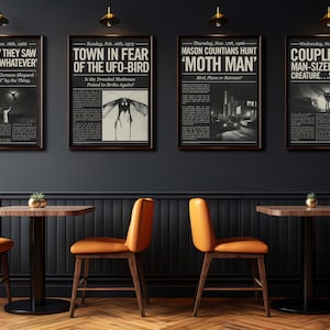 May include: Four vintage newspaper clippings framed in black frames, hanging on a dark gray wall. The headlines are "4 More Say They Saw Red-Eyed 'Whatever'", "Town in Fear of the UFO-Bird", "Mason Countians Hunt 'Moth Man'", and "Couple Sees Man-Sized Bird. Creature...Something!"
