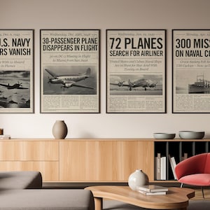 May include: Four vintage newspaper clippings with black and white illustrations of missing planes and ships. The headlines read "Five U.S. Navy Bombers Vanish", "30-Passenger Plane Disappears in Flight", "72 Planes Search for Airliner", and "300 Missing on Naval Collier".
