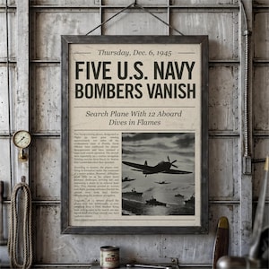 Bermuda Triangle - 5 U.S. Navy Bombers Vanish - Newspaper Headline Art Print (Digital Download)