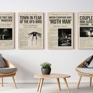 May include: Four vintage newspaper clippings with black and white text and images. The headlines are "4 More Say They Saw Red-Eyed 'Whatever'", "Town in Fear of the UFO-Bird", "Mason Countians Hunt 'Moth Man'", and "Couple Sees Man-Sized Bird...Creature...Something!"