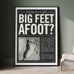 Bigfoot Cryptid - Big Feet Afoot - Newspaper Headline Inspired Digital Printable Wall Art Posters with Light and Dark Vintage Backgrounds