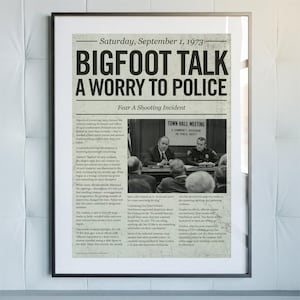 Bigfoot Talk A Worry to Police Newspaper Headline Cryptid Wall Art (Digital Download)