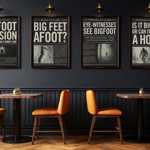 Set of 4 Bigfoot Newspaper Headline Inspired Digital Printable Wall Art Posters with Dark Vintage Background