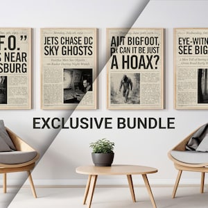 May include: An exclusive bundle of four framed vintage newspaper prints. Headlines include "U.F.O. FALLS NEAR KECKSBURG" and "EYE-WITNESSES SEE BIGFOOT." The prints are displayed with modern furniture, including wooden chairs and a small table.