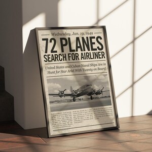 Bermuda Triangle - 72 Planes Search for Airliner - Newspaper Headline Art Print (Digital Download)
