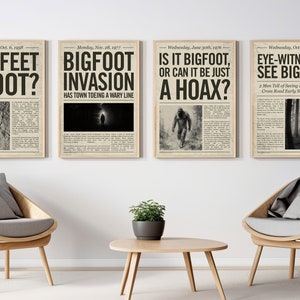 Bigfoot Poster Newspaper Style Art Set: Vintage Headline Posters Light Background (Digital Download)