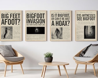 Bigfoot Poster Newspaper Style Art Set: Vintage Headline Posters Light Background (Digital Download)