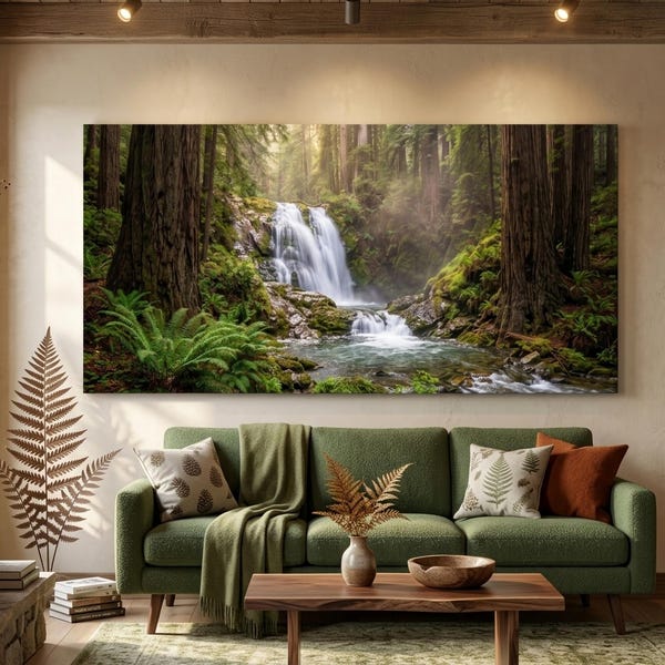 Redwood Forest Waterfall Canvas, Panoramic Nature Wall Art