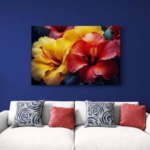Hibiscus Canvas Tropical Flower Print with Red and Yellow Botanical Wall Art 36x24