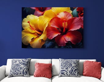 Hibiscus Canvas Tropical Flower Print with Red and Yellow Botanical Wall Art 36x24