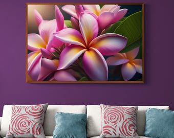 Plumeria Canvas Pink Floral Art with Tropical Flower Style and Botanical Decor