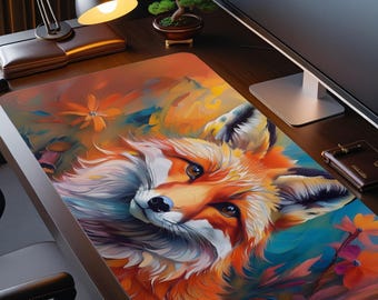 May include: A vibrant desk mat featuring a detailed illustration of a fox with orange, white, and brown fur. The artwork has a painterly style with colorful floral accents and a blue background. The mat is rectangular and designed for a desk.