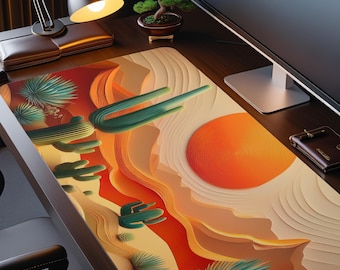3D Desert Deskmat Cactus Sunset XL Mouse Pad Terracotta Boho Modern Gaming Mat