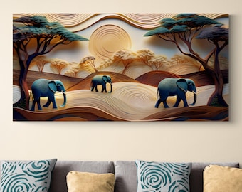 Elephant Panoramic Sunset Savanna Art Safari Statement Artwork Long Narrow Wall Print