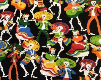 Day of the Dead Museo Mundo Colorful Skeleton Fabric By the Yard, Bunny Huffman for Andover 3570, Dia de los Muertos Fabric, 100% Cotton BTY