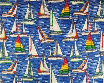 Seaport View Sailboat Fabric BTY, Dan Morris for Robert Kaufman #8471, Colorful Rainbow Sails Nautical 100% Cotton By the Yard