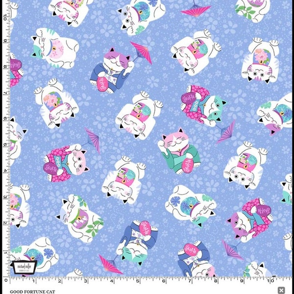 Good Fortune Cat Fabric BTY, Michael Miller CX9473-BLUE-D, Kawaii Lucky Cat Chinese Japanese Maneki-Neko Fabric by the Yard, 100% Cotton