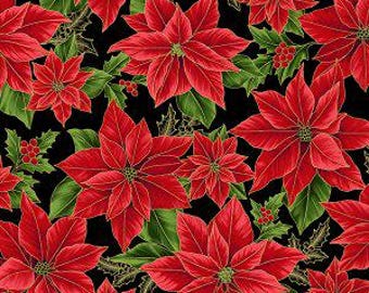 Poinsettias métalliques rouges et dorés sur tissu noir BTY, Hoffman Blooming Holidays X7787 4G, 100 % coton par mètre