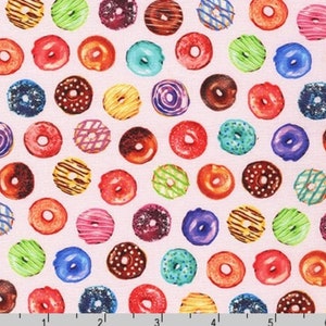 Delicious Donut Fabric BTY, Sweet Tooth by Robert Kaufman SKRD-20629-98, Fun Colorful Donuts 100% Cotton By the Yard