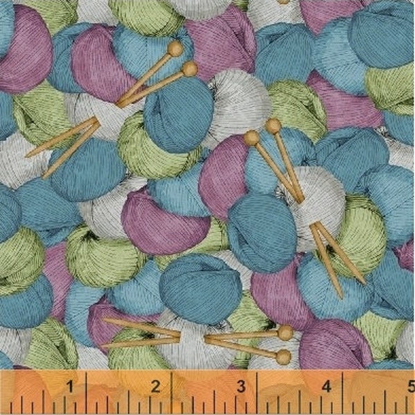 Knit N Purl Fabric BTY, Whistler Windham 51607 Packed Yarn Balls and Knitting Needles in Aqua, Green, Gray, Purple, 100% Cotton By The Yard