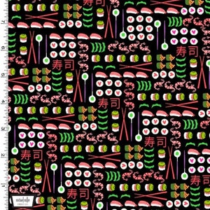 I Love Sushi Fabric By The Yard, Black Sushi Fabric, Michael Miller CX9469-BLAC-D, 100% Cotton Fabric Bty, Destash, Asian Food Fabric