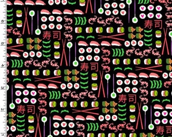 I Love Sushi Fabric By The Yard, Black Sushi Fabric, Michael Miller CX9469-BLAC-D, 100% Cotton Fabric Bty, Destash, Asian Food Fabric