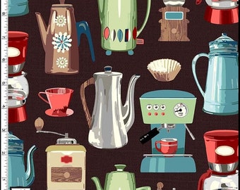 Coffee Time Retro Coffee Fabric BTY, Michael Miller CX11046-BROW, Espresso Coffeepot Percolator Java Break, Coffee Lover Fabric By the Yard