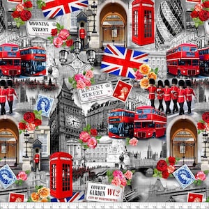 May include: A fabric pattern featuring iconic London landmarks in black and white, including Big Ben, red double-decker buses, red telephone booths, and the Union Jack flag. The design is accented with clusters of vibrant pink, red, and orange roses.
