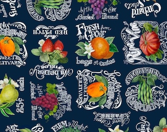 Fresh from the Grove Retro Fruit Vegetable Label Fabric BTY, Wilmington Prints Navy 20514 3044 417, 100% Quilting Cotton by the Yard SALE