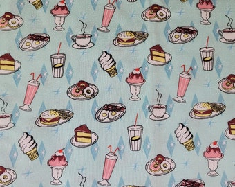 50s Diner Fabric BTY Blue Plate Special, Michael Miller D C2045, Fun Retro Food Shake Sundae Burger Donut, 100% Cotton Fabric By the Yard