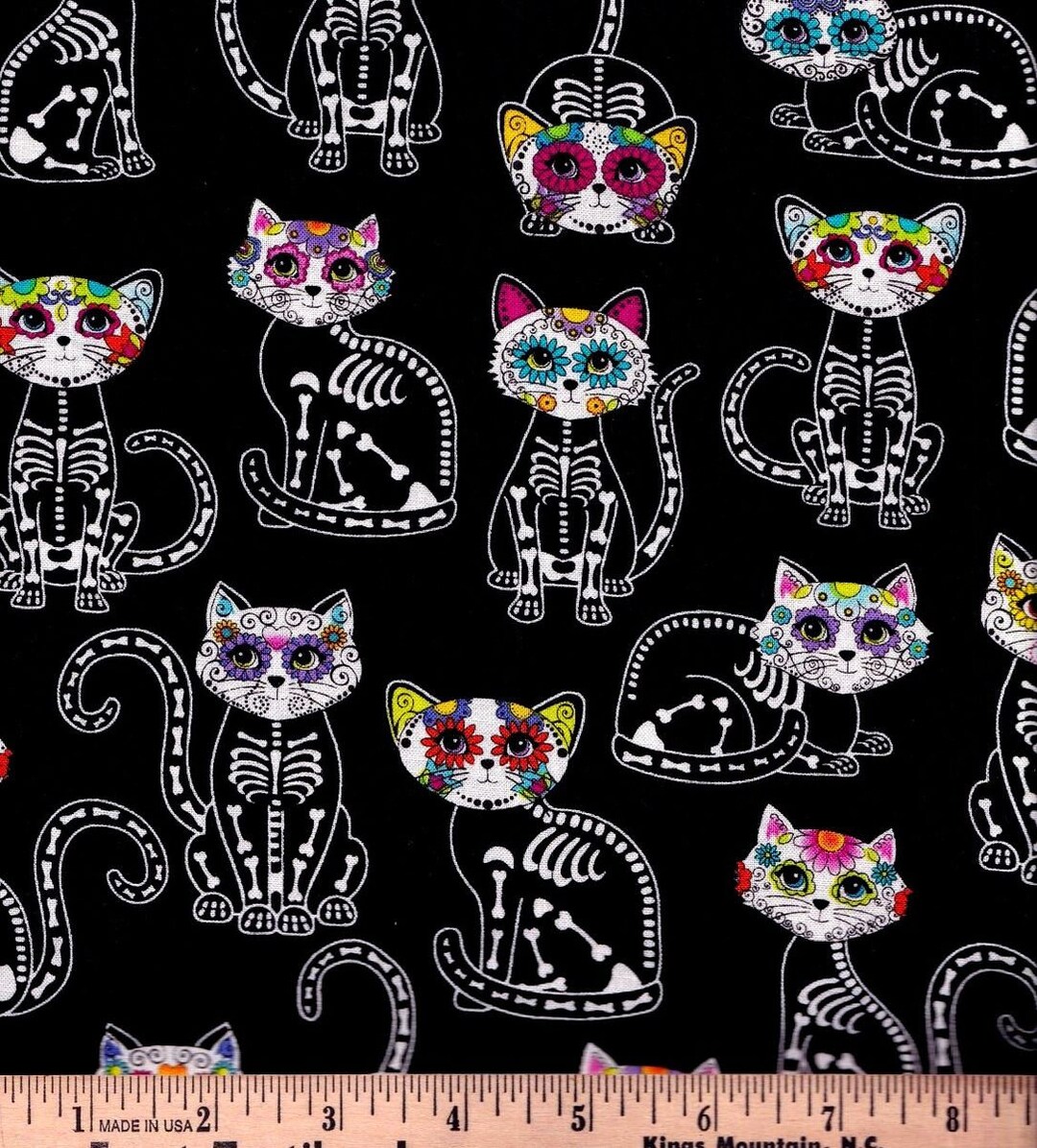 Day of the Dead Cat Skeleton Fabric by the Yard, Timeless Treasures ...