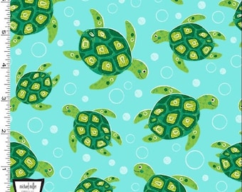 Turtley Awesome Turtle Fabric BTY, Michael Miller DC9559-WATR-D, Cute Kids Nursery Turtle Fabric by the Yard, Kawaii Turtles 100% Cotton