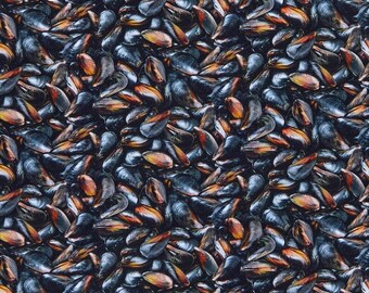 Delicious Realistic Mussels Fabric BTY, Elizabeth's Studio Food Festival 602, Moules Frites Photoreal Seashore Ocean Shellfish 100% Cotton