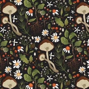 Woodland Mushrooms on Black Fabric BTY, Potpourri of Novelty by David Textiles DT-4210-4C-1, 100% Cotton By The Yard