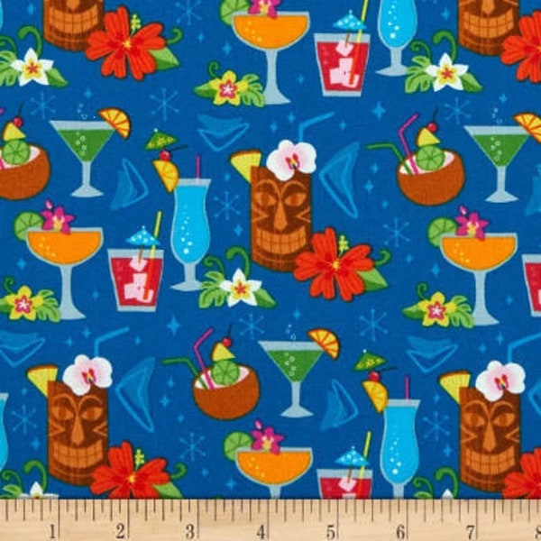 Retro Tiki Bar Teal Fabric BTY, Umbrella Drinks Tropical Fabric By the Yard, Robert Kaufman 73713, 100% Cotton Premium Quilting Fabric